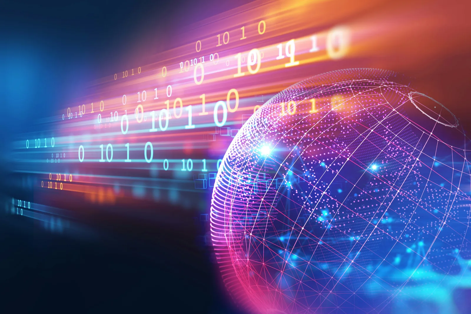 Wireframe globe and streams of binary data across a blurred blue and violet backdrop