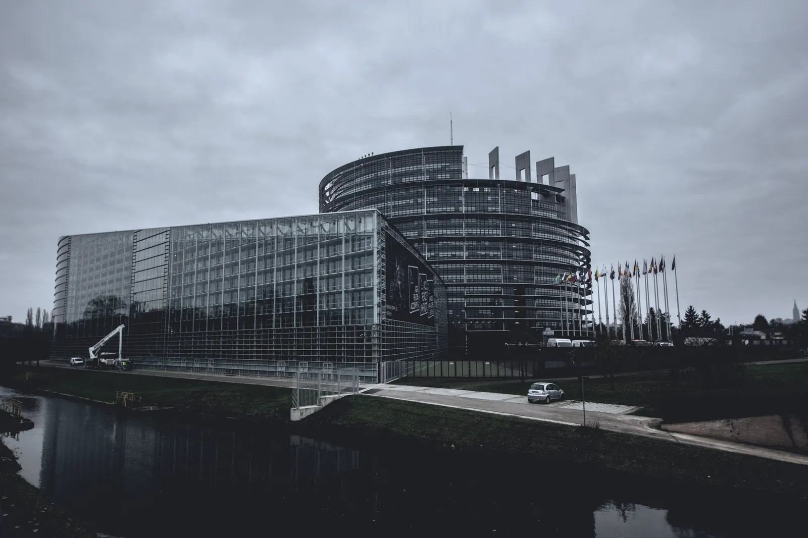 Modern architecture of a parliament building on an overcast day