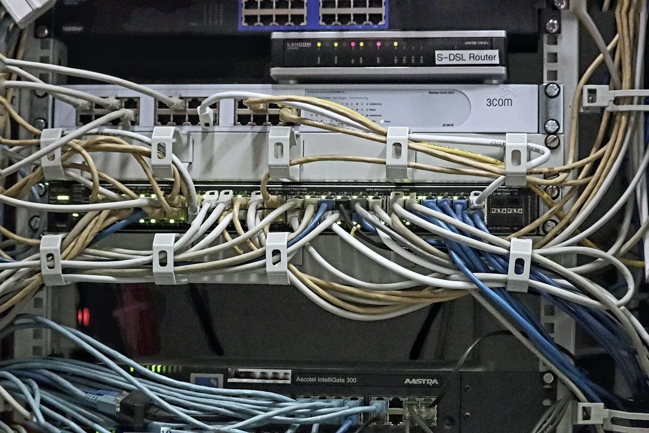 Close view of patched network cables on a server rack